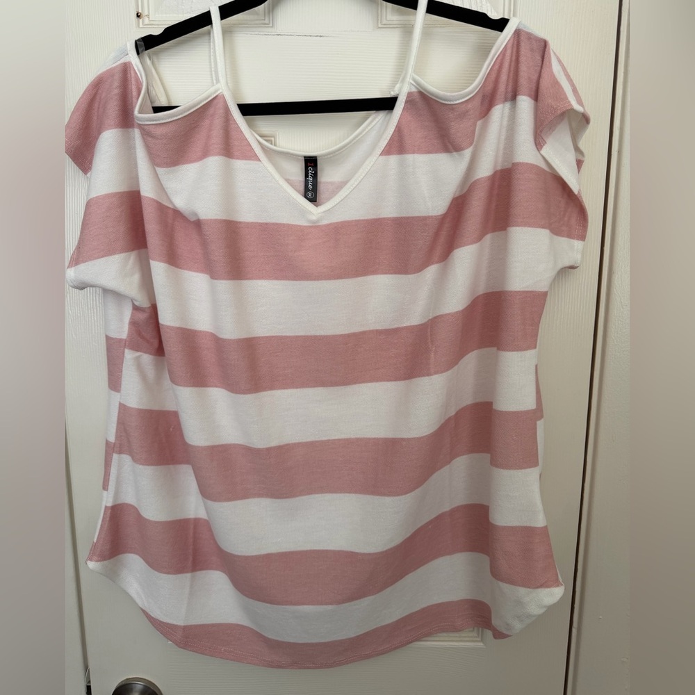Pink & White Striped Cold-Shoulder Top